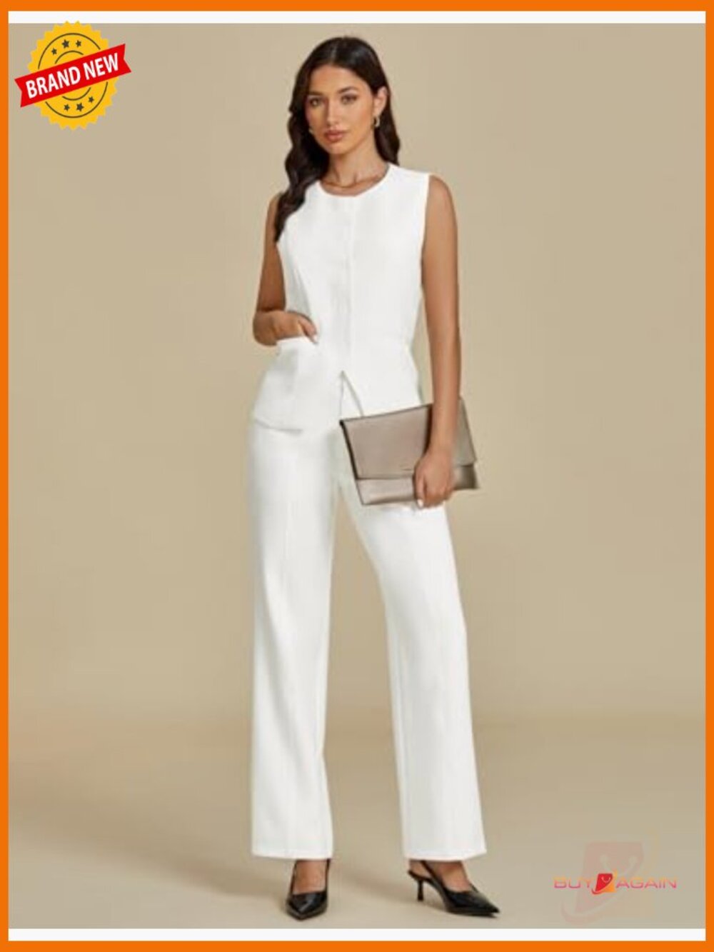 Dressy 2 Piece Pantsuit Set Sleeveless Blazer Wide Leg Pants Business Casual - Picture 6 of 7